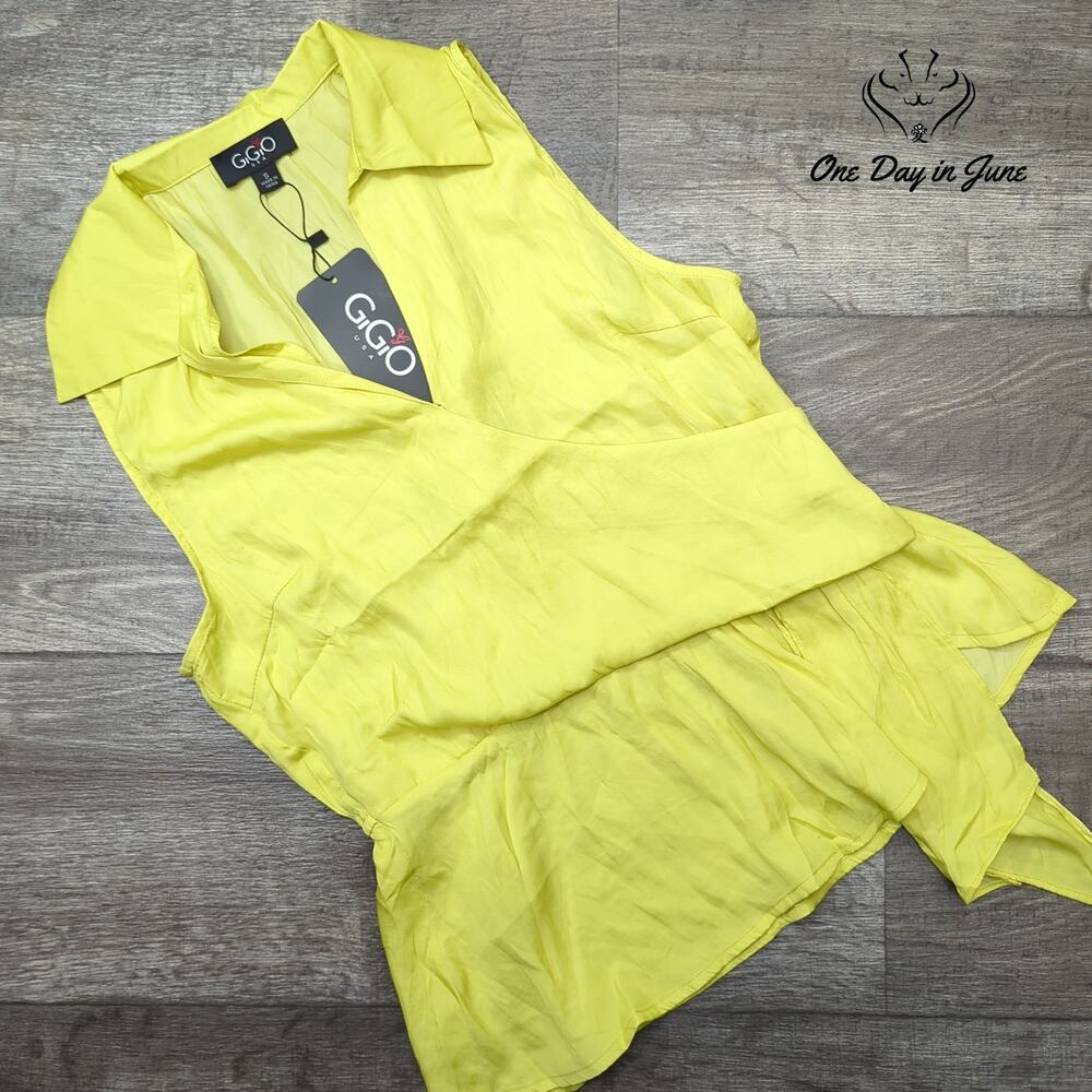 GiGiO Sleeveless Wrap Blouse Neon Yellow Collared Ruffle Top NWT Size S